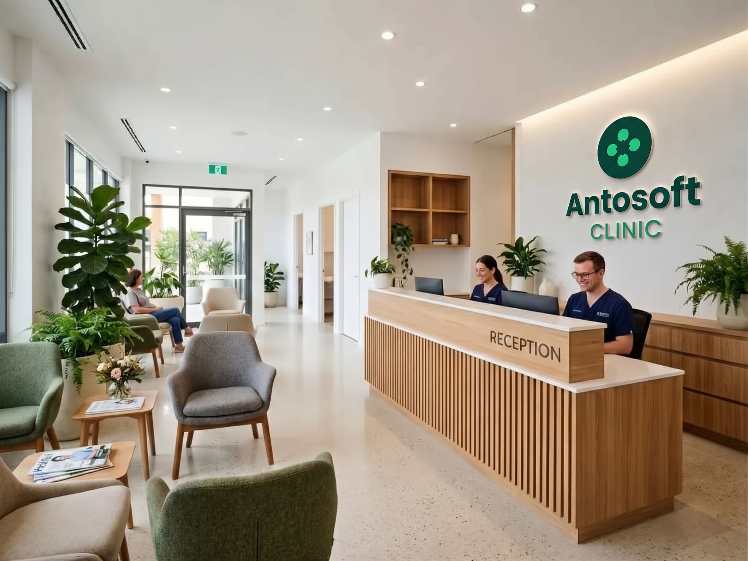 Recepção moderna e acolhedora da Antosoft Clinic
